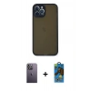 MARSİLYAN™- iPhone 12 Pro Max Kılıf Ahenk Çizgi Serisi - Siyah 18D Cam Ekran Koruyucu + Neon Fosforlu Kamera Lens - BZ