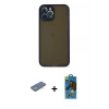 MARSİLYAN™- iPhone 12 Pro Max Kılıf Ahenk Çizgi Serisi - Siyah 18D Cam Ekran Koruyucu + Yeşil Renkli Kamera Lens Koruma Cam