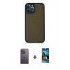 MARSİLYAN™- iPhone 12 Pro Max Kılıf Ahenk Çizgi Serisi - Siyah 34D Izgaralı Cam + Neon Fosforlu Kamera Lens - BZ