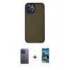 MARSİLYAN™- iPhone 12 Pro Max Kılıf Ahenk Çizgi Serisi - Siyah 34D Izgaralı Cam + Neon Fosforlu Kamera Lens - MI