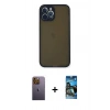 MARSİLYAN™- iPhone 12 Pro Max Kılıf Ahenk Çizgi Serisi - Siyah 34D Izgaralı Cam + Sarı Neon Fosforlu Kamera Lens