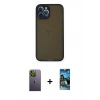 MARSİLYAN™- iPhone 12 Pro Max Kılıf Ahenk Çizgi Serisi - Siyah 34D Izgaralı Cam + Neon Fosforlu Kamera Lens - YL