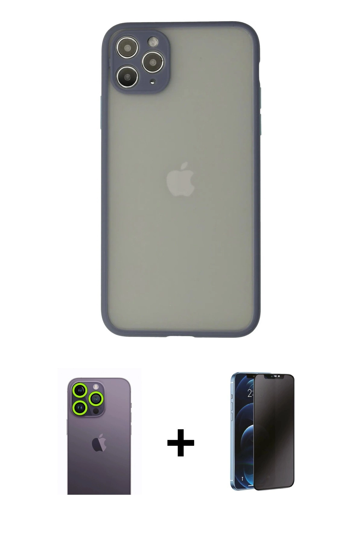MARSİLYAN™- iPhone 12 Pro Max Kılıf Ahenk Çizgi Serisi - Siyah 3D Antistatik Hayalet Cam Ekran Koruyucu + Yeşil Neon Fosforlu Kamera Lens