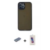 MARSİLYAN™- iPhone 12 Pro Max Kılıf Ahenk Çizgi Serisi - Siyah Joko 5D Cam + Yeşil Renkli Kamera Lens Koruma Cam