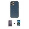 MARSİLYAN™- iPhone 12 Pro Max Kılıf Ahenk Işık - Siyah 34D Izgaralı Cam + Neon Fosforlu Kamera Lens - BZ