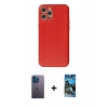 MARSİLYAN™- iPhone 12 Pro Max Kılıf Ahenk Işık - Siyah 34D Izgaralı Cam + Mavi Neon Fosforlu Kamera Lens