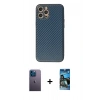 MARSİLYAN™- iPhone 12 Pro Max Kılıf Ahenk Işık - Siyah 34D Izgaralı Cam + Mavi Neon Fosforlu Kamera Lens