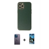 MARSİLYAN™- iPhone 12 Pro Max Kılıf Ahenk Işık - Siyah 34D Izgaralı Cam + Mavi Neon Fosforlu Kamera Lens