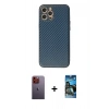 MARSİLYAN™- iPhone 12 Pro Max Kılıf Ahenk Işık - Siyah 34D Izgaralı Cam + Neon Fosforlu Kamera Lens - TU