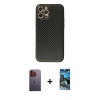 MARSİLYAN™- iPhone 12 Pro Max Kılıf Ahenk Işık - Siyah 34D Izgaralı Cam + Neon Fosforlu Kamera Lens - TU