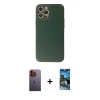 MARSİLYAN™- iPhone 12 Pro Max Kılıf Ahenk Işık - Siyah 34D Izgaralı Cam + Neon Fosforlu Kamera Lens - TU