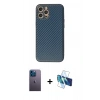 MARSİLYAN™- iPhone 12 Pro Max Kılıf Ahenk Işık - Siyah 3D Antistatik Cam Ekran Koruyucu + Mavi Neon Fosforlu Kamera Lens