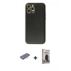 MARSİLYAN™- iPhone 12 Pro Max Kılıf Ahenk Işık - Siyah Bilvis Hayalet Cam Ekran Koruyucu + Turuncu Renkli Kamera Lens Koruma Cam