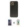 MARSİLYAN™- iPhone 12 Pro Max Kılıf Ahenk Işık - Siyah Polymer Nano Ekran Koruyucu + Mavi Neon Fosforlu Kamera Lens