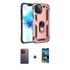 MARSİLYAN™- iPhone 12 Pro Max Kılıf Ahenk Klasik Koleksiyonu - Siyah 34D Izgaralı Cam + Turuncu Neon Fosforlu Kamera Lens
