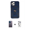 MARSİLYAN™- iPhone 12 Pro Max Kılıf Ahenk Klasik - Şeffaf Uv Polymer Nano Ekran Koruyucu + Mavi Neon Fosforlu Kamera Lens