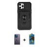 MARSİLYAN™- iPhone 12 Pro Max Kılıf Ahenk Klasik - Siyah 18D Cam Ekran Koruyucu + Neon Fosforlu Kamera Lens - MI