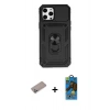 MARSİLYAN™- iPhone 12 Pro Max Kılıf Ahenk Klasik - Siyah 18D Cam Ekran Koruyucu + Sierra Blue Shine Kamera Lens Koruma Cam