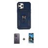 MARSİLYAN™- iPhone 12 Pro Max Kılıf Ahenk Klasik - Siyah 34D Izgaralı Cam + Neon Fosforlu Kamera Lens - BZ