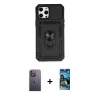 MARSİLYAN™- iPhone 12 Pro Max Kılıf Ahenk Klasik - Siyah 34D Izgaralı Cam + Neon Fosforlu Kamera Lens - BZ