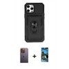 MARSİLYAN™- iPhone 12 Pro Max Kılıf Ahenk Klasik - Siyah 34D Izgaralı Cam + Sarı Neon Fosforlu Kamera Lens