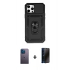 MARSİLYAN™- iPhone 12 Pro Max Kılıf Ahenk Klasik - Siyah 3D Antistatik Hayalet Cam Ekran Koruyucu + Mavi Neon Fosforlu Kamera Lens