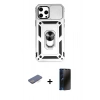 MARSİLYAN™- iPhone 12 Pro Max Kılıf Ahenk Klasik - Siyah 3D Antistatik Hayalet Cam Ekran Koruyucu + Mavi Renkli Kamera Lens Koruma Cam