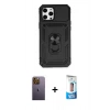 MARSİLYAN™- iPhone 12 Pro Max Kılıf Ahenk Klasik - Siyah 5D Eko Cam Ekran Koruyucu + Neon Fosforlu Kamera Lens - SI