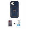 MARSİLYAN™- iPhone 12 Pro Max Kılıf Ahenk Klasik - Siyah 5D Eko Cam Ekran Koruyucu + Turuncu Neon Fosforlu Kamera Lens