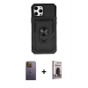MARSİLYAN™- iPhone 12 Pro Max Kılıf Ahenk Klasik - Siyah Bilvis Hayalet Cam Ekran Koruyucu + Neon Fosforlu Kamera Lens - SI