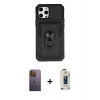 MARSİLYAN™- iPhone 12 Pro Max Kılıf Ahenk Klasik - Siyah Bilvis Hayalet Cam Ekran Koruyucu + Neon Fosforlu Kamera Lens - SI