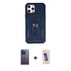 MARSİLYAN™- iPhone 12 Pro Max Kılıf Ahenk Klasik - Siyah Joko 5D Cam + Mavi Neon Fosforlu Kamera Lens