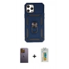 MARSİLYAN™- iPhone 12 Pro Max Kılıf Ahenk Klasik - Siyah Polymer Nano Ekran Koruyucu + Neon Fosforlu Kamera Lens - SI