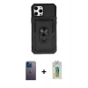 MARSİLYAN™- iPhone 12 Pro Max Kılıf Ahenk Klasik - Siyah Polymer Nano Ekran Koruyucu + Neon Fosforlu Kamera Lens - MI