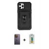MARSİLYAN™- iPhone 12 Pro Max Kılıf Ahenk Klasik - Siyah Polymer Nano Ekran Koruyucu + Neon Fosforlu Kamera Lens - SI