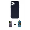 MARSİLYAN™- iPhone 12 Pro Max Kılıf Ahenk Serisi - Siyah 18D Cam Ekran Koruyucu + Neon Fosforlu Kamera Lens - YL