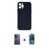 MARSİLYAN™- iPhone 12 Pro Max Kılıf Ahenk Serisi - Siyah 18D Cam Ekran Koruyucu + Neon Fosforlu Kamera Lens - MI