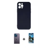 MARSİLYAN™- iPhone 12 Pro Max Kılıf Ahenk Serisi - Siyah 34D Izgaralı Cam + Neon Fosforlu Kamera Lens - MI