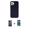 MARSİLYAN™- iPhone 12 Pro Max Kılıf Ahenk Serisi - Siyah 34D Izgaralı Cam + Neon Fosforlu Kamera Lens - SI