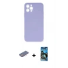 MARSİLYAN™- iPhone 12 Pro Max Kılıf Ahenk Serisi - Siyah 34D Izgaralı Cam + Pembe Renkli Kamera Lens Koruma Cam