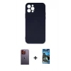MARSİLYAN™- iPhone 12 Pro Max Kılıf Ahenk Serisi - Siyah 34D Izgaralı Cam + Turuncu Neon Fosforlu Kamera Lens