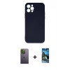 MARSİLYAN™- iPhone 12 Pro Max Kılıf Ahenk Serisi - Siyah 34D Izgaralı Cam + Neon Fosforlu Kamera Lens - YL