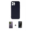 MARSİLYAN™- iPhone 12 Pro Max Kılıf Ahenk Serisi - Siyah 3D Antistatik Hayalet Cam Ekran Koruyucu + Neon Fosforlu Kamera Lens - YL