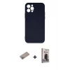 MARSİLYAN™- iPhone 12 Pro Max Kılıf Ahenk Serisi - Siyah Bilvis Hayalet Cam Ekran Koruyucu + Sierra Blue Shine Kamera Lens Koruma Cam
