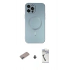 MARSİLYAN™- iPhone 12 Pro Max Kılıf Akış Minimal Özel Seri - Şeffaf Uv Polymer Nano Ekran Koruyucu + Sierra Blue Shine Kamera Lens Koruma Cam