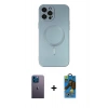 MARSİLYAN™- iPhone 12 Pro Max Kılıf Akış Minimal Özel Seri - Siyah 18D Cam Ekran Koruyucu + Mavi Neon Fosforlu Kamera Lens