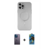 MARSİLYAN™- iPhone 12 Pro Max Kılıf Akış Minimal Özel Seri - Siyah 18D Cam Ekran Koruyucu + Mavi Neon Fosforlu Kamera Lens