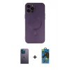 MARSİLYAN™- iPhone 12 Pro Max Kılıf Akış Minimal Özel Seri - Siyah 18D Cam Ekran Koruyucu + Mavi Neon Fosforlu Kamera Lens