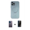 MARSİLYAN™- iPhone 12 Pro Max Kılıf Akış Minimal Özel Seri - Siyah 3D Antistatik Hayalet Cam Ekran Koruyucu + Mavi Neon Fosforlu Kamera Lens