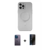 MARSİLYAN™- iPhone 12 Pro Max Kılıf Akış Minimal Özel Seri - Siyah 3D Antistatik Hayalet Cam Ekran Koruyucu + Mavi Neon Fosforlu Kamera Lens